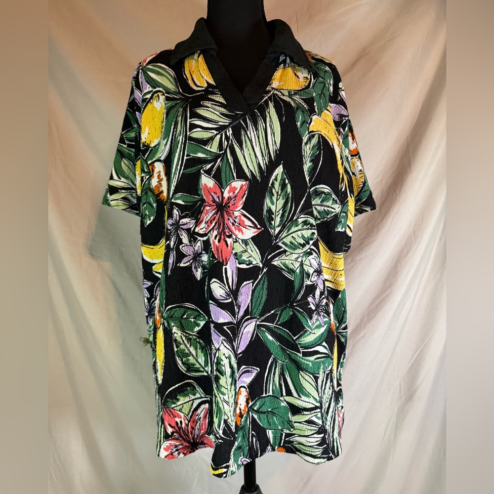 Cuddl Duds Crepe Knit Paradise Polo Top – Floral & Fruit 🌸🍊 QVC Exclusive - Picture 2 of 7